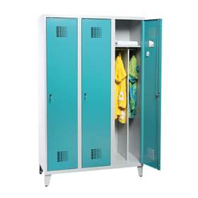 Garderobenschrank WEMO, Geschweißt, 3 x 400 mm, Türfarbe Türkisblau RAL5018, mit Füßen, Dreipunkt-Zylinderschloss