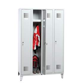 Dulap metalic pentru vestiar, sudat, WEMO, 4 x 300 mm, uși gri RAL7035, cu picioare, încuietoare cilindrică cu blocare în 3 puncte