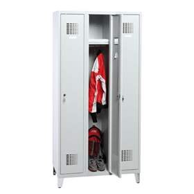 Dulap metalic pentru vestiar, sudat, WEMO, 3 x 300 mm, uși gri RAL7035, cu picioare, încuietoare cilindrică cu blocare în 3 puncte