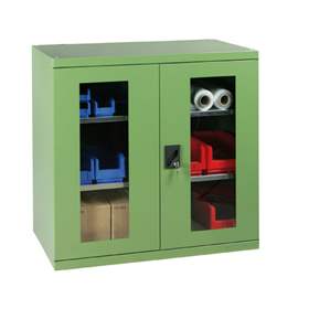 Dulap metalic de atelier cu uși batante cu fereastră transparentă, HxLxl: 1000x1044x655 mm, 2 x polițe 100 kg, verde RAL6011