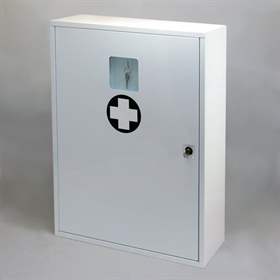 Erste-Hilfe-Wandschrank, aus Metall, mit Schlüsselfenster, mit Inhalt "Büro