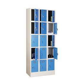 Zváraná šatňová skriňa so schránkami, 3 x 5 schránok, šírka 900 mm, farba dverí modrá RAL5012 - poškodená