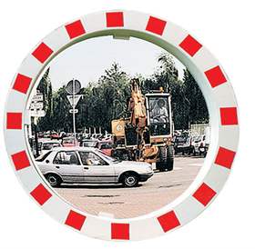 Verkehrsspiegel für Außenbereiche, mit dem rot/weißen Sicherheitsrahmen, Rundform, Durchm. 1100 mm (Spiegel 900 mm)