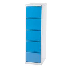 Registraturschrank für Formate DIN A4 und FOLIO, 5 Schubladen, HxBxT: 1630x475x620 mm, Farbe grau RAL7035 / blau RAL5005