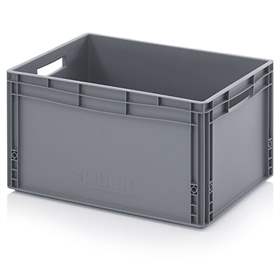 Ladă din plastic tip euro navetă din plastic cu pereți plini și cu deschidere pentru mâner de prindere în pereții laterali înguști, gri, 600 x 400 x 320 mm