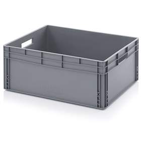 Ladă din plastic tip euro navetă din plastic cu pereți plini și cu deschidere pentru mâner de prindere în pereții laterali înguști, gri, 600 x 800 x 320 mm