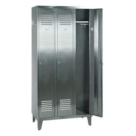 Edelstahl - Garderobenschrank, 3 x 300 mm, mit Füßen, Dreipunkt-Zylinderschloss