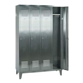 Edelstahl - Garderobenschrank, 4 x 300 mm, mit Füßen, Dreipunkt-Zylinderschloss