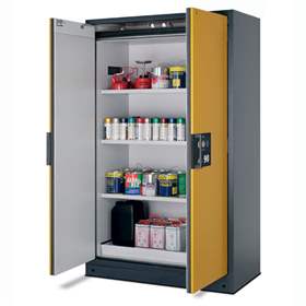 Bezpečnostní skříň na chemikálie 90 min., 3 police + vana, š. 1200 mm, dveře žluté