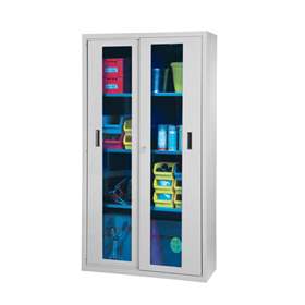 Dulap metalic de atelier cu uși glisante cu fereastră transparentă, HxLxl: 1950x1044x405 mm, 3 x polițe 100 kg, gri RAL7035