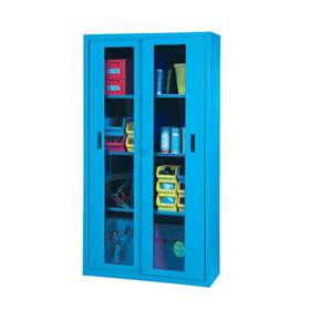 Dulap metalic de atelier cu uși glisante cu fereastră transparentă, HxLxl: 1950x1044x405 mm, 3 x polițe 100 kg, albastru RAL5012