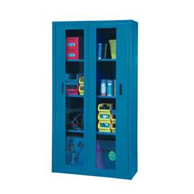 Dulap metalic de atelier cu uși glisante cu fereastră transparentă, HxLxl: 1950x1044x405 mm, 3 x polițe 100 kg, albastru închis RAL5010