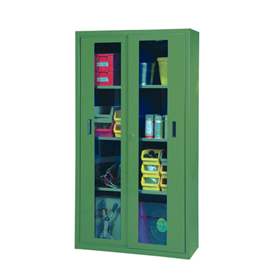 Dulap metalic de atelier cu uși glisante cu fereastră transparentă, HxLxl: 1950x1044x405 mm, 3 x polițe 100 kg, verde RAL6011
