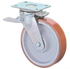 Transport-Lenkrolle mit Feststeller, Gussfelge, Bandage Polyurethan, Durchm. 100 mm, Traglast 295 kg