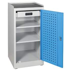 Dulap atelier, structură ușoară și joasă - mobilier oragnizator metalic, HxLxl: 1030 x 500 x 500 mm, 1 sertar, 2 polițe, gri RAL7035/albastru RAL5012