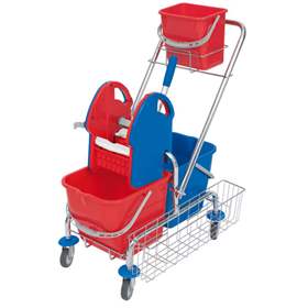 Cărucior de curățenie 2 găleți, storcător mop, coș laterlal și găleată de 6 l