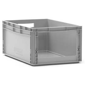Přepravka plastová Euro s bočním otvorem, šedá barva, 600 x 400 x 270 mm