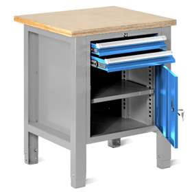 Werkstatt-Tisch TECHNO Light, Breite 725 mm, 2 Schubladen, Schrank, Farbe lichtgrau RAL7035/blau RAL5012.