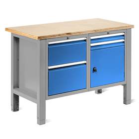 Werkstatt-Tisch TECHNO Light, Breite 1245 mm, 4 Schubladen, 1 Schrank, Farbe lichtgrau RAL7035/blau RAL5012.