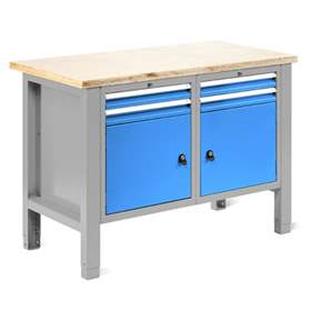 Werkstatt-Tisch TECHNO Light, Breite 1245 mm, 4 Schubladen, 2 Schränke, Farbe lichtgrau RAL7035/blau RAL5012.
