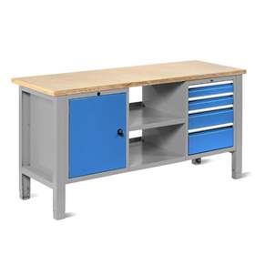 Werkstatt-Tisch TECHNO Light, Breite 1765 mm, 4 Schubladen, 1 Schrank, Farbe lichtgrau RAL7035/blau RAL5012.