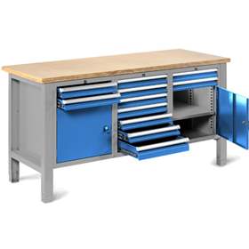 Werkstatt-Tisch TECHNO Light, Breite 1765 mm, 11 Schubladen, 2 Schränke, Farbe lichtgrau RAL7035/blau RAL5012.
