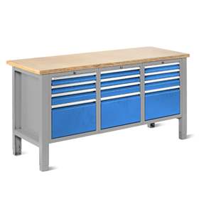 Werkstatt-Tisch TECHNO Light, Breite 1765 mm, 12 Schubladen, Farbe lichtgrau RAL7035/blau RAL5012.