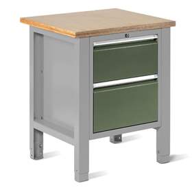 Werkstatt-Tisch TECHNO Light, Breite 725 mm, 2 Schubladen, Farbe lichtgrau RAL7035/grün RAL6011.