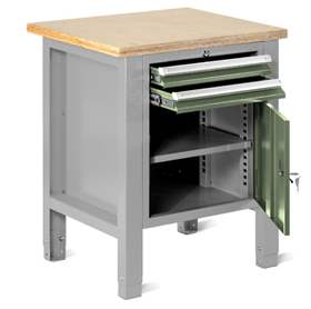Werkstatt-Tisch TECHNO Light, Breite 725 mm, 2 Schubladen, Schrank, Farbe lichtgrau RAL7035/grün RAL6011.