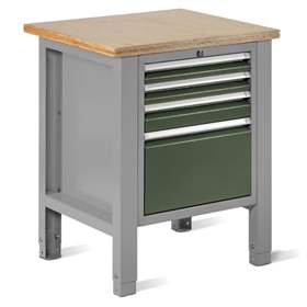 Werkstatt-Tisch TECHNO Light, Breite 725 mm, 4 Schubladen, Farbe lichtgrau RAL7035/grün RAL6011.