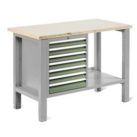 Werkstatt-Tisch TECHNO Light, Breite 1245 mm, 7 Schubladen, Farbe lichtgrau RAL7035/grün RAL6011.