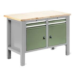 Werkstatt-Tisch TECHNO Light, Breite 1245 mm, 4 Schubladen, 2 Schränke, Farbe lichtgrau RAL7035/grün RAL6011.