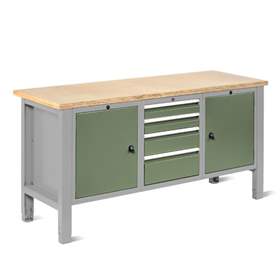 Werkstatt-Tisch TECHNO Light, Breite 1765 mm, 4 Schubladen, 2 Schränke, Farbe lichtgrau RAL7035/grün RAL6011.