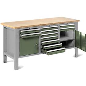 Werkstatt-Tisch TECHNO Light, Breite 1765 mm, 11 Schubladen, 2 Schränke, Farbe lichtgrau RAL7035/grün RAL6011.