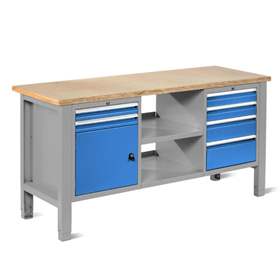 Werkstatt-Tisch TECHNO Light, Breite 1765 mm, 6 Schubladen, 1 Schrank, Farbe lichtgrau RAL7035/blau RAL5012.