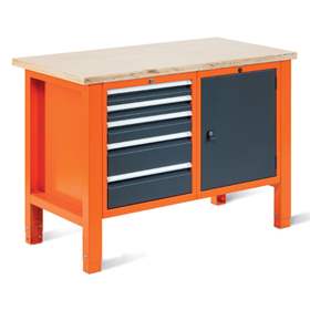 Werkstatt-Tisch TECHNO Light, Breite 1245 mm, 5 Schubladen, 1 Schrank, Farbe orange RAL2004/anthrazit RAL7016.