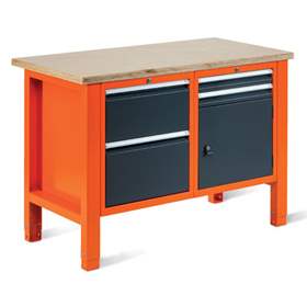 Werkstatt-Tisch TECHNO Light, Breite 1245 mm, 4 Schubladen, 1 Schrank, Farbe orange RAL2004/anthrazit RAL7016.