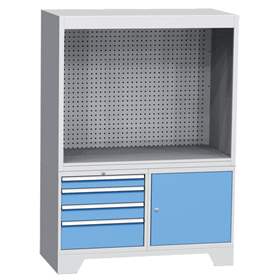 Dulap metalic multifunțional - stație de control, lxLxH: 1440x700x2010 mm, 4x sertare, 1x dulap, gri RAL7035/albastru RAL5012