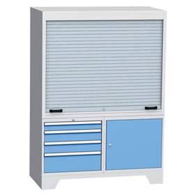 Dulap metalic multifunțional - stație de control verificare cu rulou aluminiu, lxLxH:1440x700x2010mm, 4 sertare, 1 dulap, gri RAL7035/albastru RAL5012