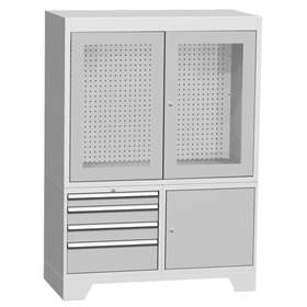 Dulap metalic multifunțional - stație de control cu uși batante cu sticlă, lxLxH: 1440x700x2010 mm, 4x sertare, 1x dulap, gri RAL7035