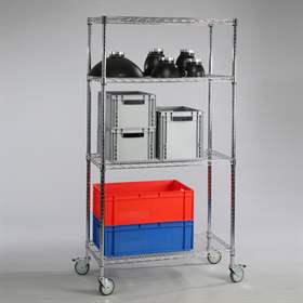 Regalwagen, verchromt, hygienisch, 4 Drahtfachböden, HxBxL: 1750x1220x460 mm, Traglast 250 kg