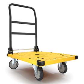 Cărucior tip platformă din plastic, mâner pliabil, platformă de încărcare lung.x adânc.: 610x400 mm, culoare galbenă/neagră