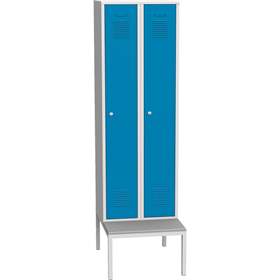 Dulap metalic pentru vestiar, sudat, 2 x 300 mm, uși albastre RAL5012, cu soclu tip bancă