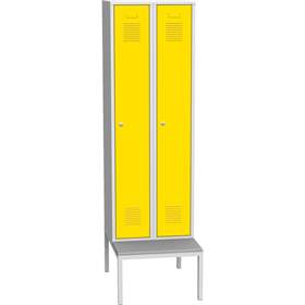 Dulap metalic pentru vestiar, sudat, 2 x 300 mm, uși galbene RAL1023, cu soclu tip bancă