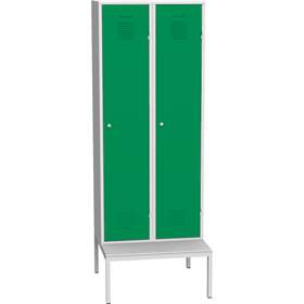 Garderobenschrank, geschweißt, 2 x 400 mm, Türfarbe grün RAL6024, mit untergebauter Sitzbank