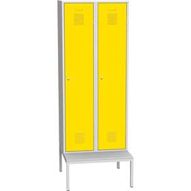 Garderobenschrank, geschweißt, 2 x 400 mm, Türfarbe gelb RAL1023, mit untergebauter Sitzbank