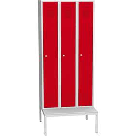 Svařovaná šatní skříň 3 x 300 mm, barva dveří červená RAL3000, standardní větrací žaluzie, s lavicí