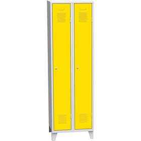 Dulap metalic pentru vestiar, sudat, 2 x 300 mm, uși galbene RAL1023, cu picioare