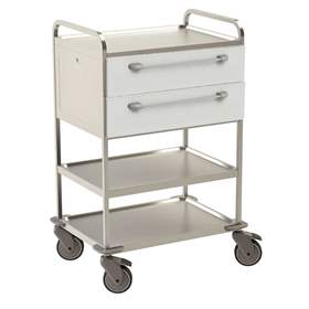 Edelstahl-Tischwagen, 3 Fachböden, 2 Schubladen in Farbe weiß, HxLxB: 1120x760x560 mm