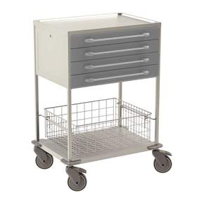 Cărucior cu polițe și sertare din oțel inoxidabil, 2 polițe, 1 coșuri de sârmă, 4 sertare in culoare gri, HxLxl: 1040x760x560 mm